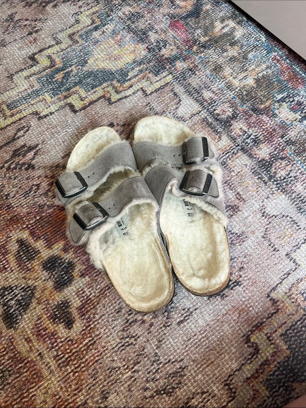 Birkenstock Shearling-Trim Double Buckle Slide Sandals in Light Gray